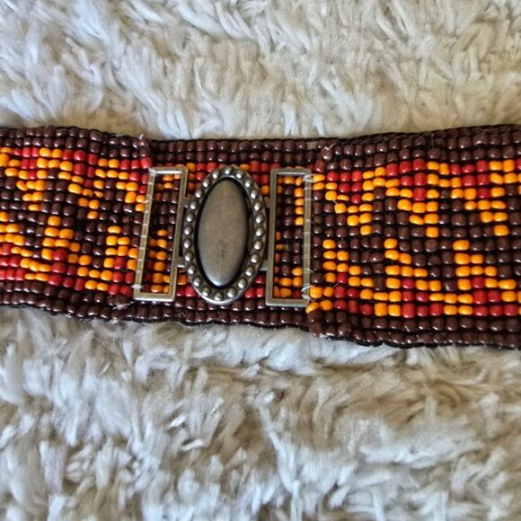 Vintage Orange Red Brown Beaded Zigzag Pattern Elastic Belt‎ Western Boho main image 5